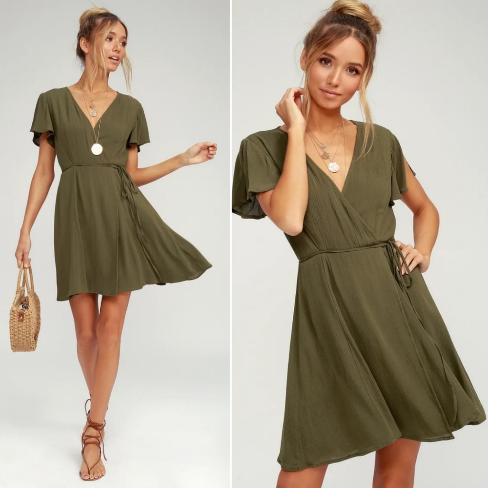 Lulus Harbor Point Olive Green Wrap Dress